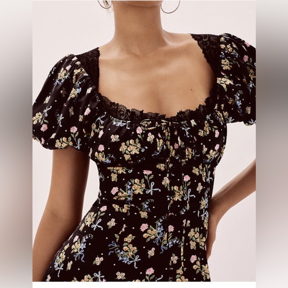 For Love & Lemons Floral Satin Mini Dress XS Lace Puff Sleeve Retail $239 - Picture 3 of 15